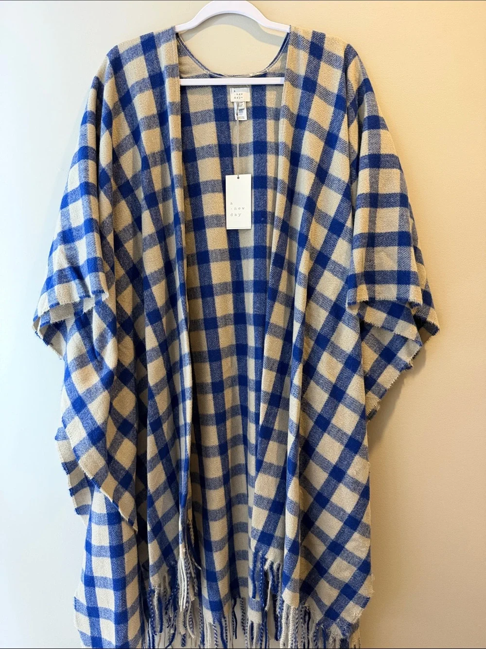 A New Day Buffalo Check Plaid Fringe Ruana Wrap in Blue, One Size NWT
